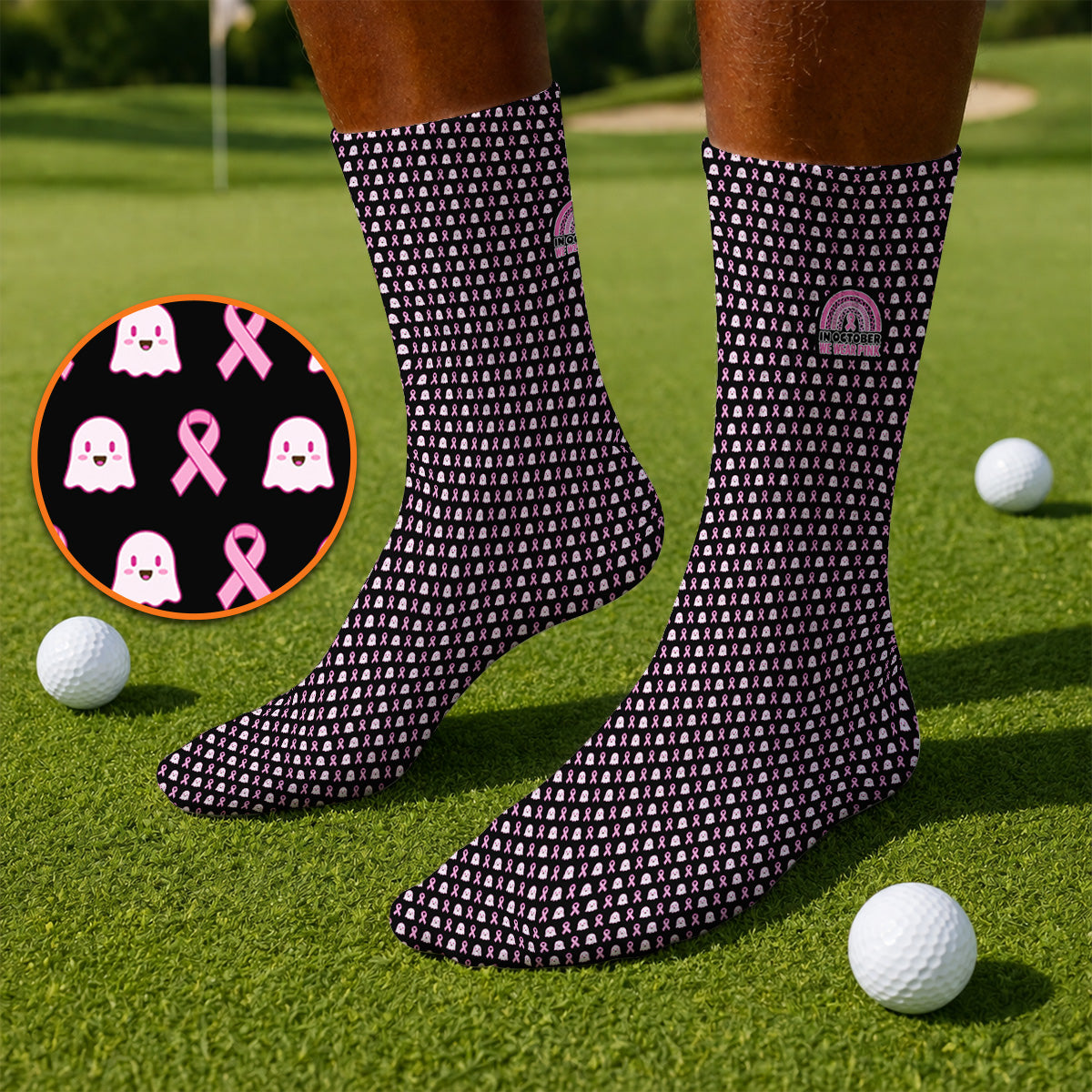 Breast Cancer Awareness Golf Socks, In October We Wear Pink Pattern Golf Sock, Pink Ribbon Golf Gift for Breast Cancer Support