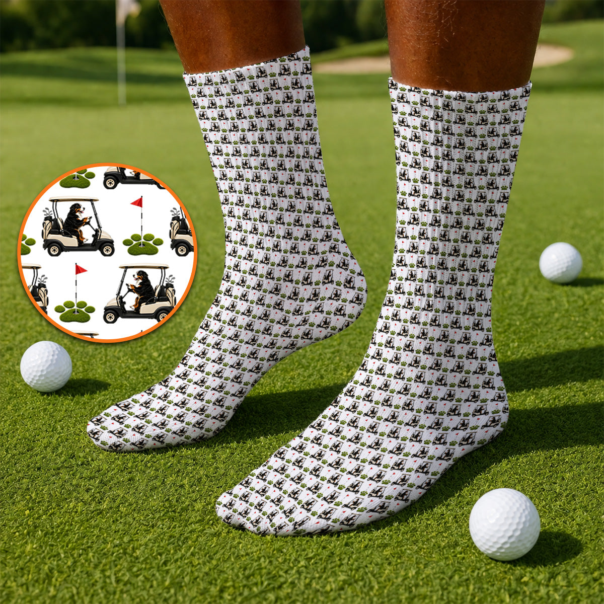 Bernese Mountain Golf Cart Pattern Socks, Funny Bernese Golf Sock, Golf Gift For Golfer