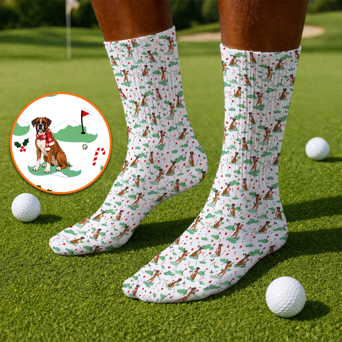 Funny Boxer Christmas Golf Socks, Xmas Boxer Dog Pattern Golf Sock, Golf Gift For Golfer