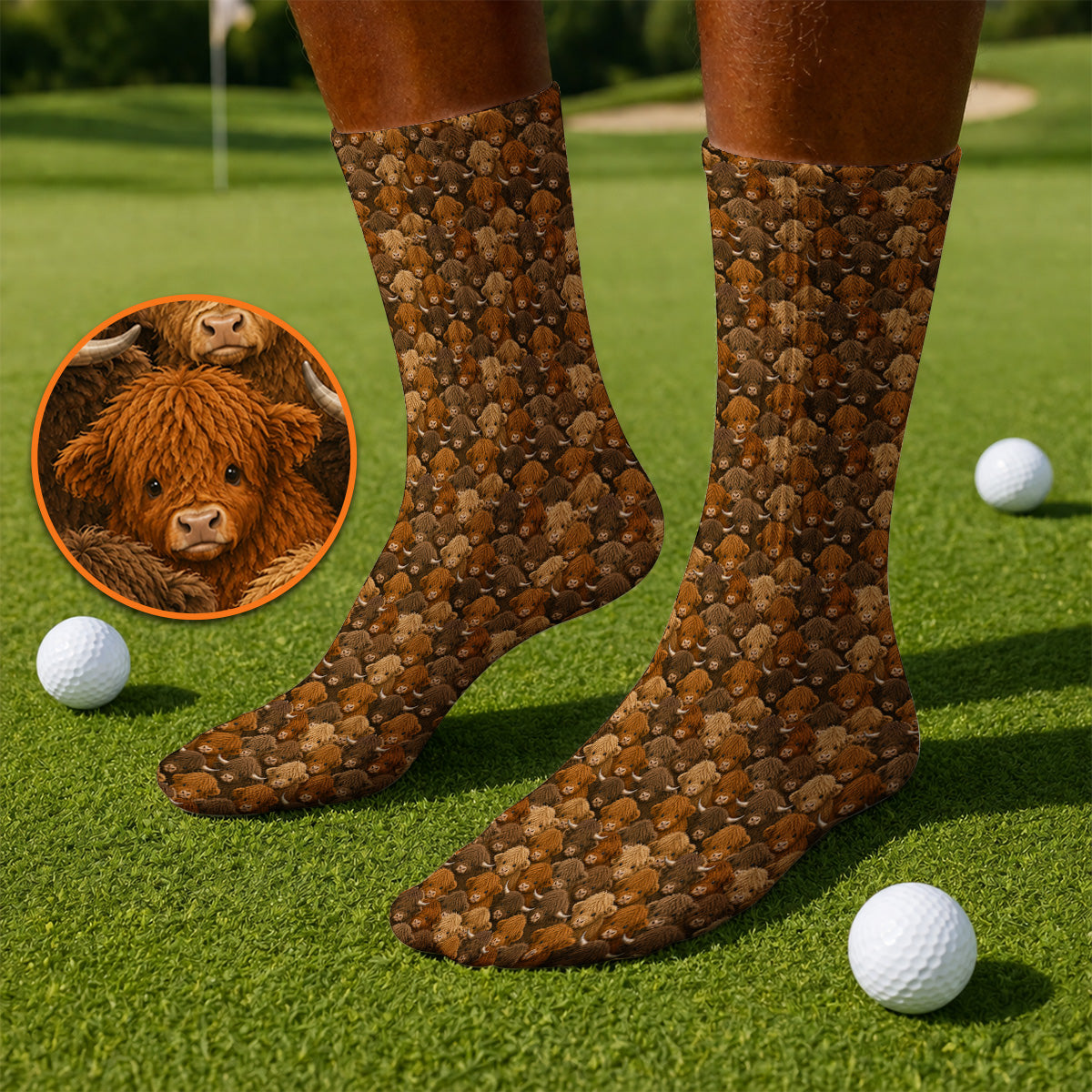 Highland Cow Pattern Golf Socks, Crazy Golf Gift For Golfer, Highland Cow Golf Sock