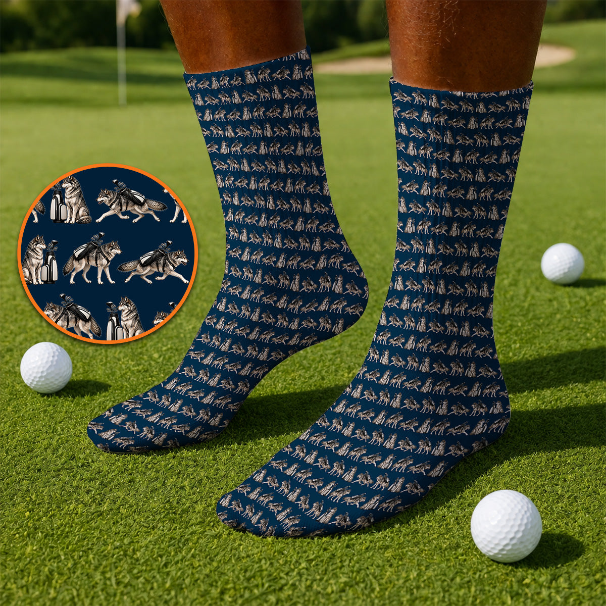 Wolf Golf Pattern Socks, Wild Wolf Golfing Sock, Unique Wolf Golf Gift for Golfers