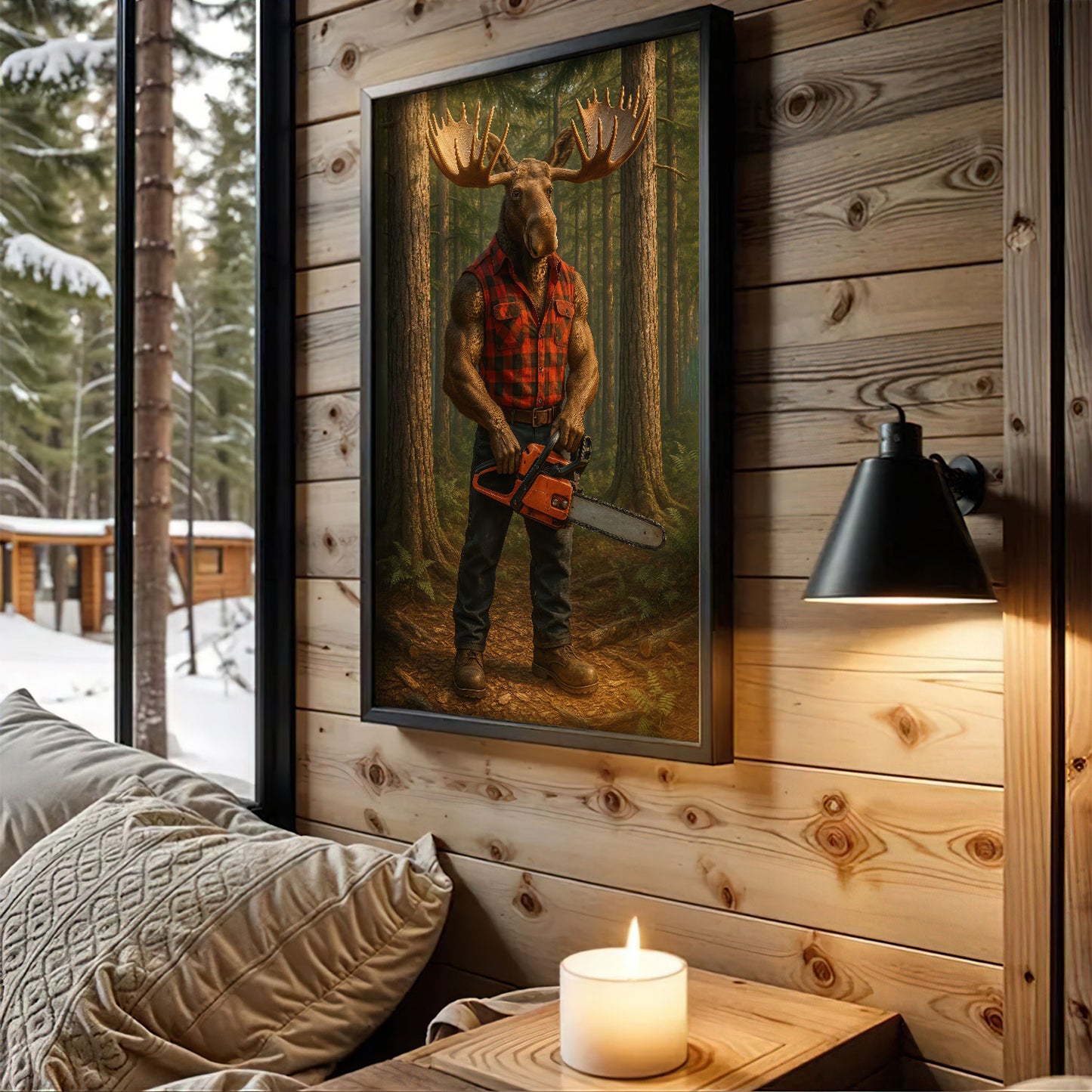 Maine Canvas Wall Art, Lumberjack Moose Chainsaw Portrait Print, Rustic Northern Cabin Decor For Man Cave Walls