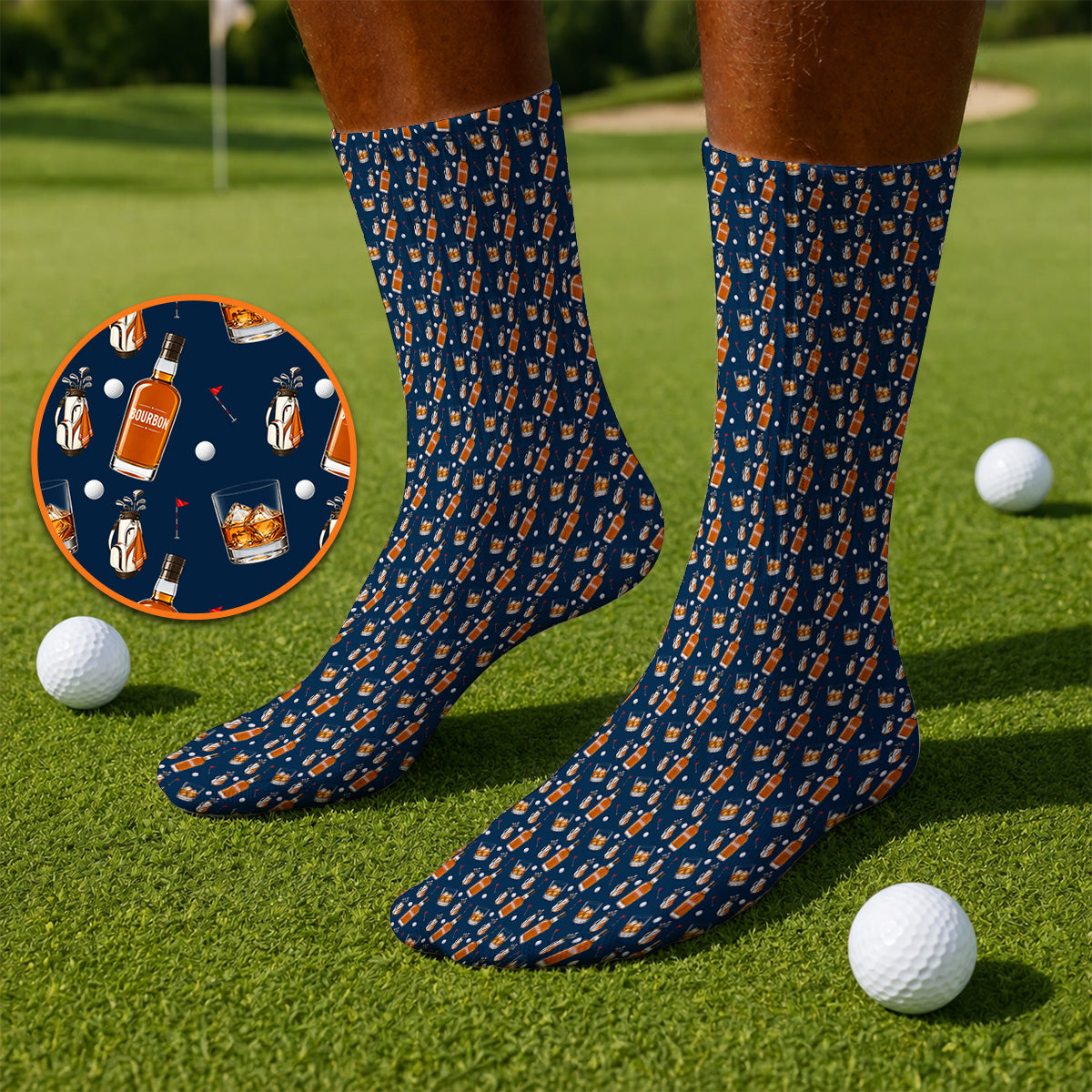 Bourbon Whiskey Golf Socks, Golf & Bourbon Pattern Sock, Unique Gift For Whiskey Loving Golfers
