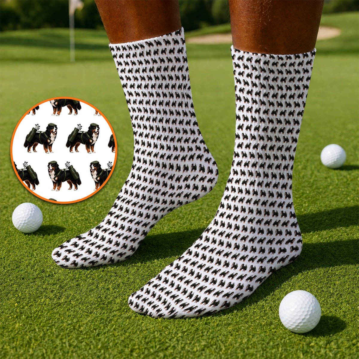 Funny Bernese Mountain Golf Pattern Socks, Bernese Golf Sock For Dog Lover, Golf Gift For Golfer