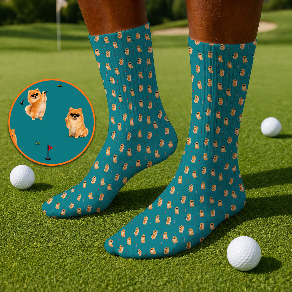 Golden Pomeranian Pattern Golf Socks, Cute Pomeranian Dog Golf Sock, Golf Gift For Golfer