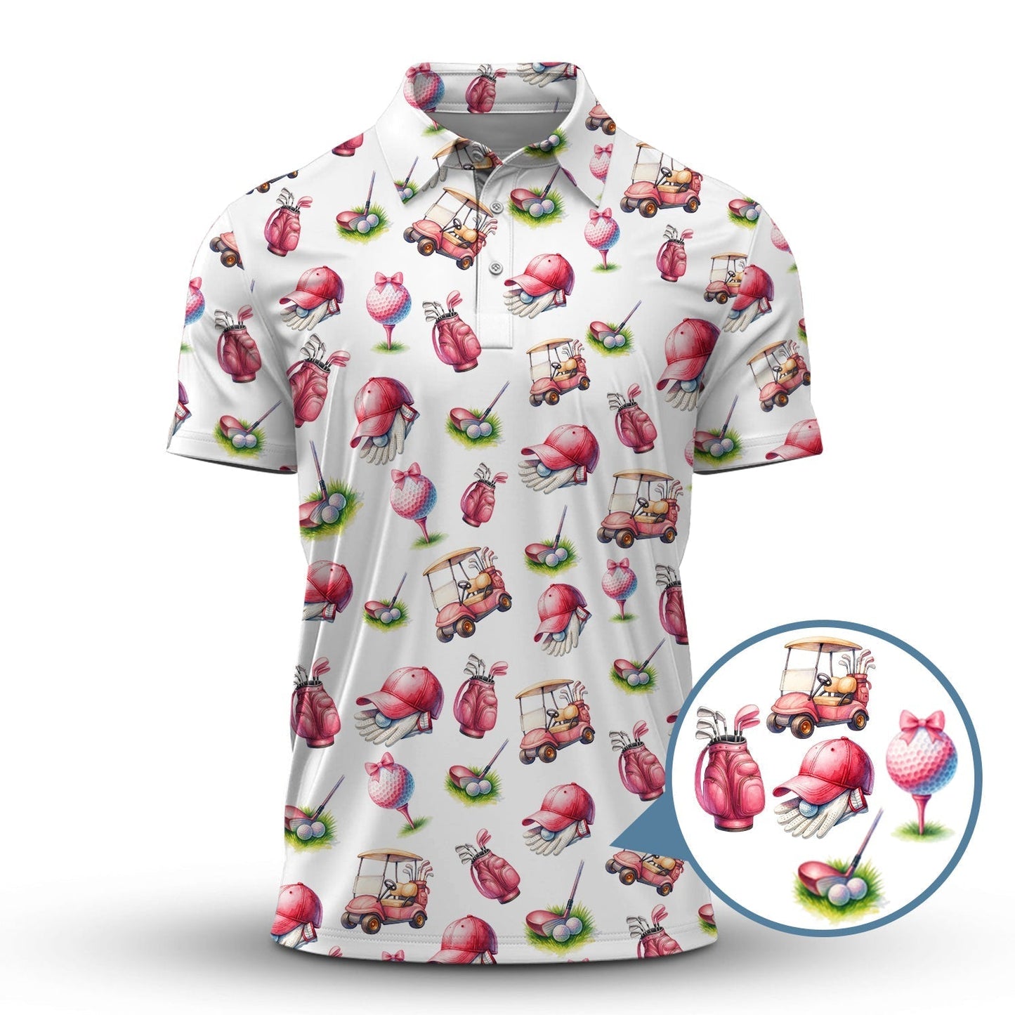 Pink Golf Pattern Polos, Women’s Golf Shirt, Golf Shirts For Ladies