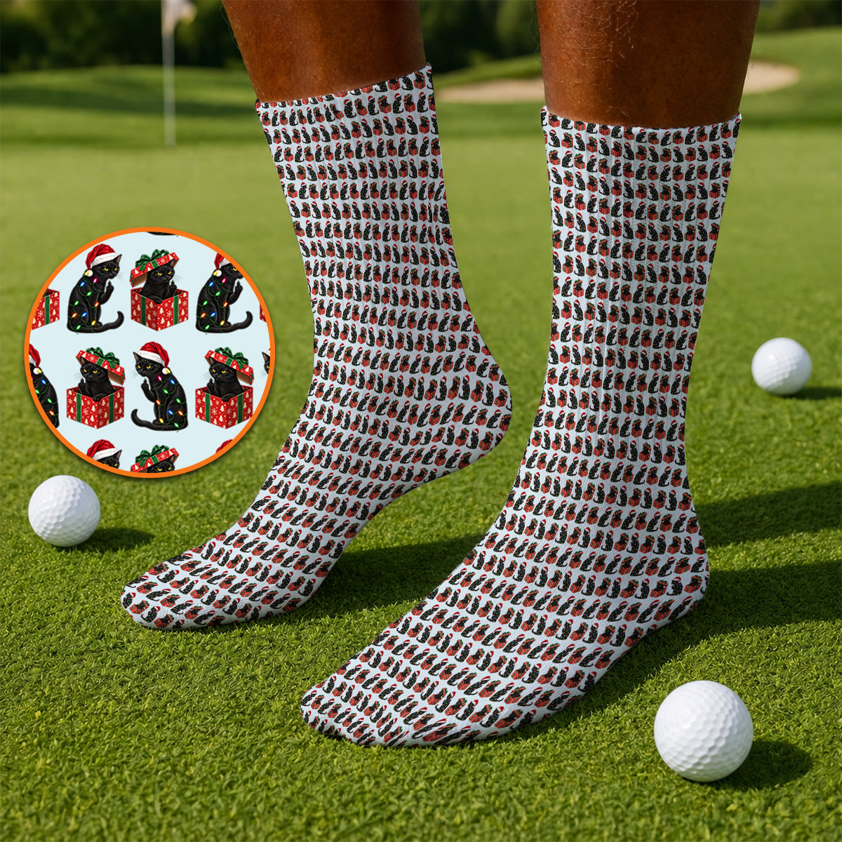 Black Cat Christmas Pattern Golf Socks, Funny Christmas Cat Golf Sock, Holiday Gift for Cat Lovers