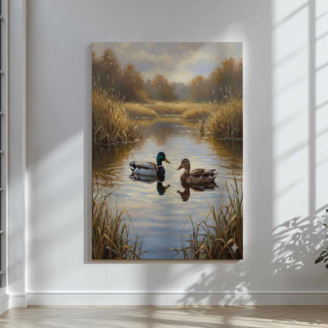 Duck Hunting Wall Art Canvas, Rustic Cabin Decor, Mallard Couple On Lake Print For Man Cave