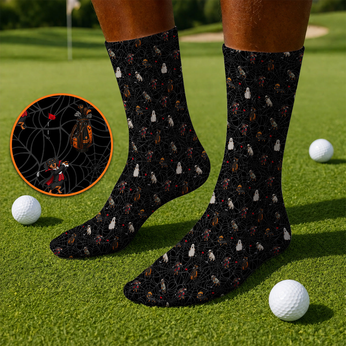 Spooky Dachshund Pattern Golf Socks, Halloween Vampire Wiener Dog Sock, Crazy Golf Gift For Golfer