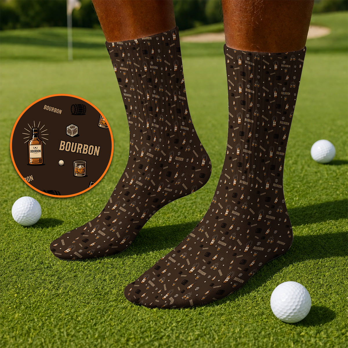 Bourbon Barrel Golf Socks, Whiskey Bottle & Rocks Pattern Sock, Vintage Drinking Golf Shirt for Golfer