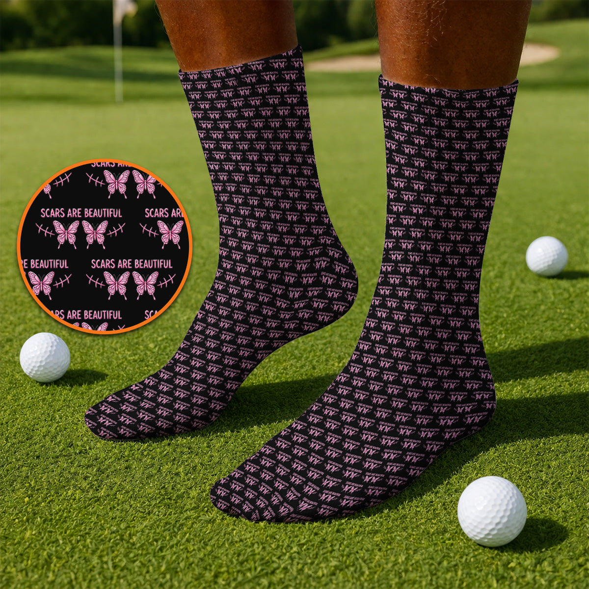 Scars Are Beautiful Breast Cancer Awareness Golf Socks, Pink Butterfly Survivor Pattern Sock, Inspirational Golf Gift for Golfer