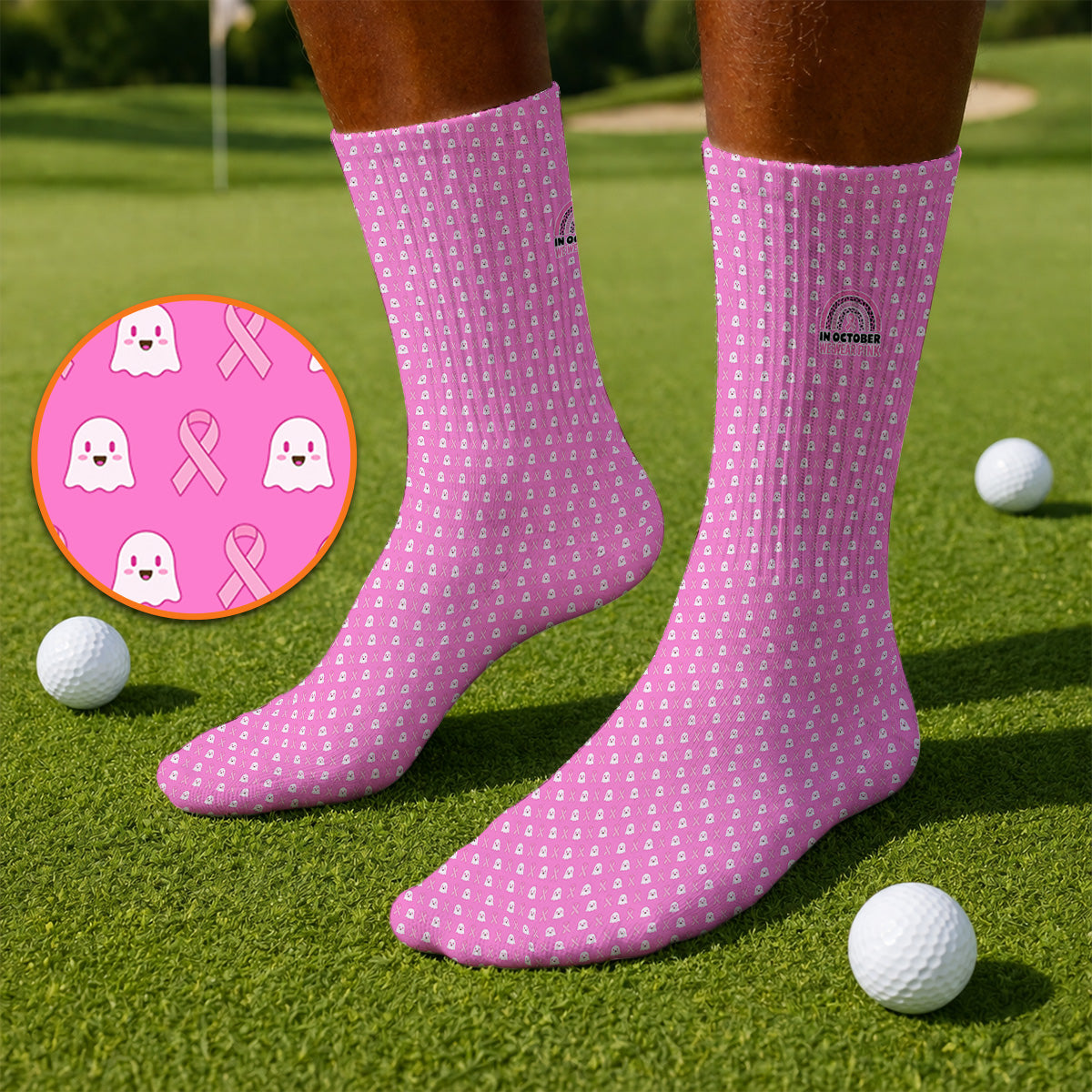 Breast Cancer Awareness Golf Socks, In October We Wear Pink Pattern Golf Sock, Pink Ribbon Golf Gift for Breast Cancer Support