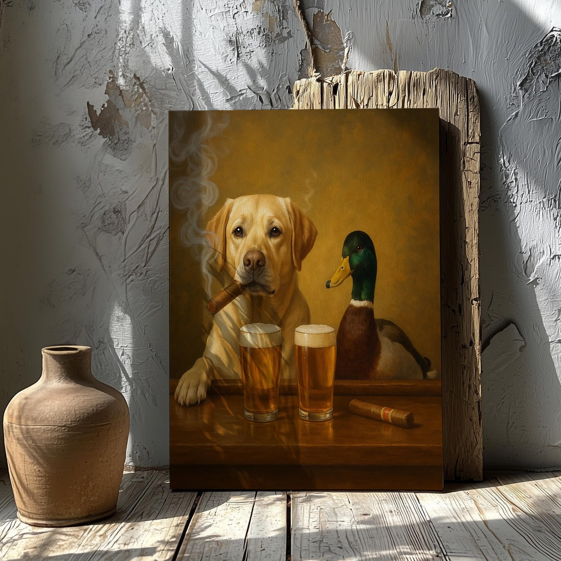 Funny Dog And Duck Beer Painting Canvas, Hunting Cabin Wall Art For Man Cave Decor