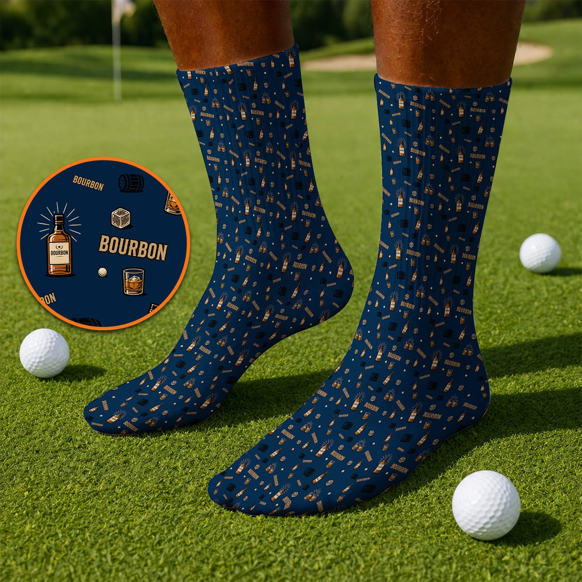 Bourbon Barrel Golf Socks, Whiskey Bottle & Rocks Pattern Sock, Vintage Drinking Golf Shirt for Golfer