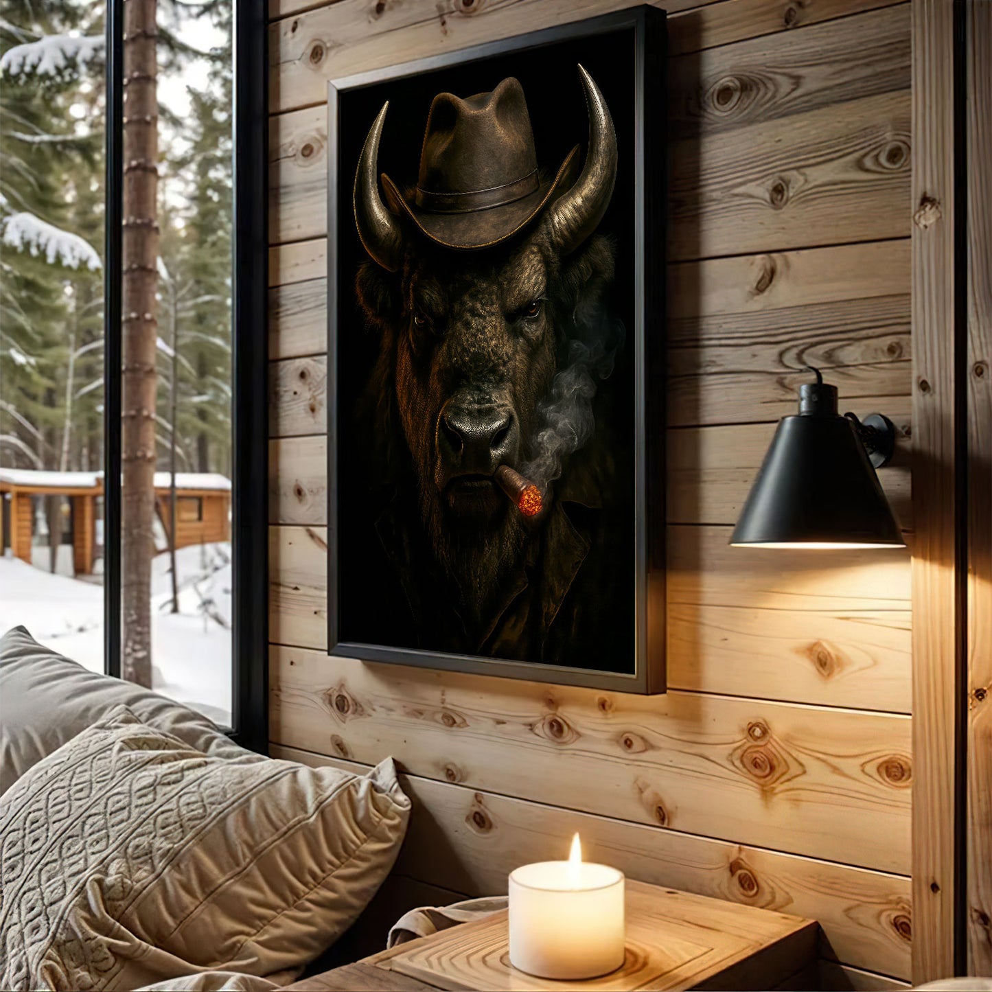 Wyoming Bison Canvas Wall Art, Smoking Buffalo Rustic Pub Print, Mountain West Wilderness Decor For Man Cave Walls