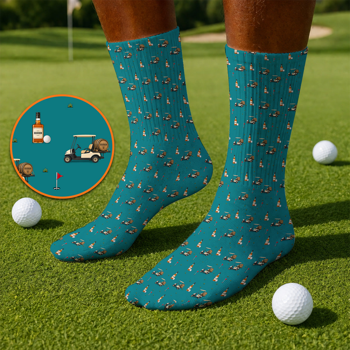 Bourbon Cart Golf Socks, Whiskey Barrel & Golf Course Pattern Sock, Funny Golf Gift For Golfer