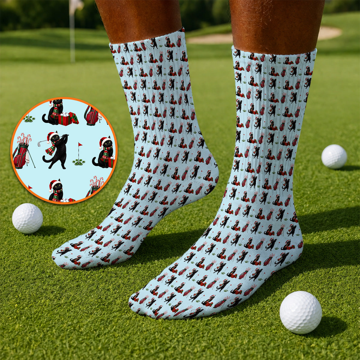 Black Cat Christmas Golf Socks, Festive Cat Patterm Golf Sock, Funny Holiday Golf Gift For Golfer