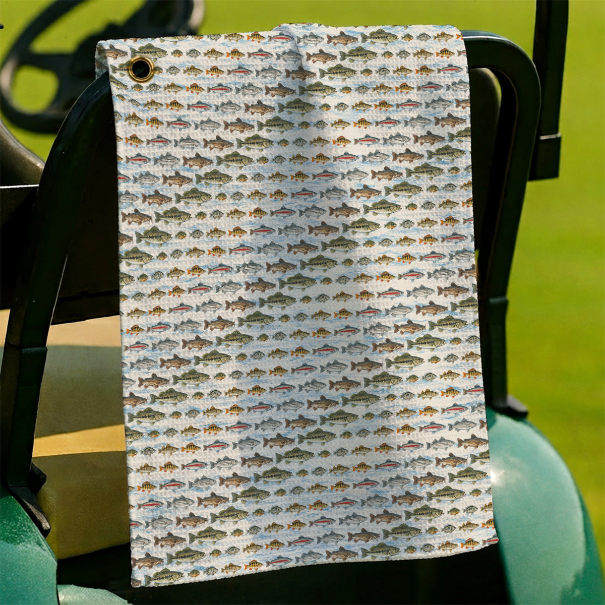 Freshwater Fishing Pattern Golf Towels, Bass Trout Catfish & Perch Golf Towel, Fishing Gift For Golfer
