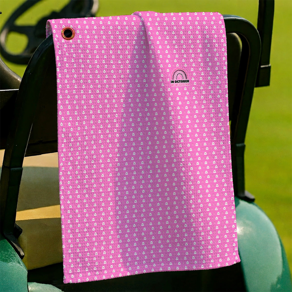 Breast Cancer Awareness Golf Towel, In October We Wear Pink Pattern Golf Towels, Pink Ribbon Golf Gift for Breast Cancer Support