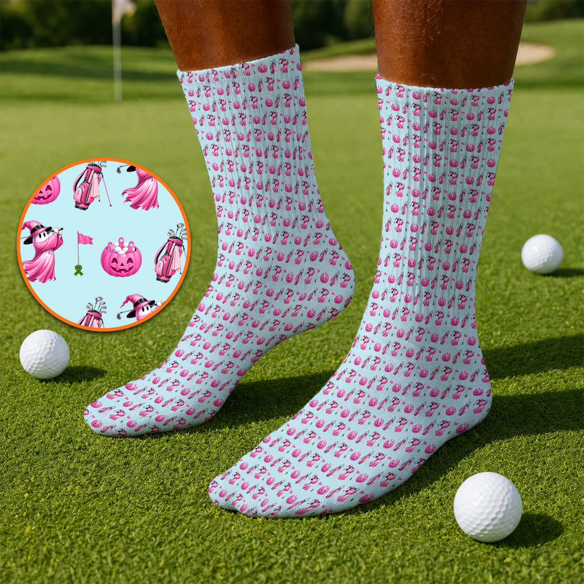 Pink Pumpkin Swing Breast Cancer Awareness Golf Socks, Halloween Golf & Pink Ribbon Pattern Sock, October Golf Gift For Golfer