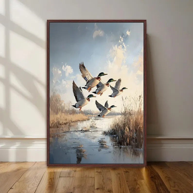 Mallard Ducks In Flight Canvas, Duck Hunting Wall Art, Cabin Decor For Man Cave