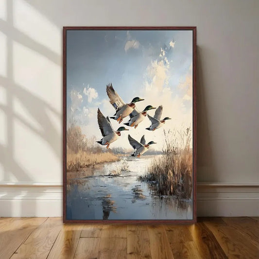 Mallard Ducks In Flight Canvas, Duck Hunting Wall Art, Cabin Decor For Man Cave