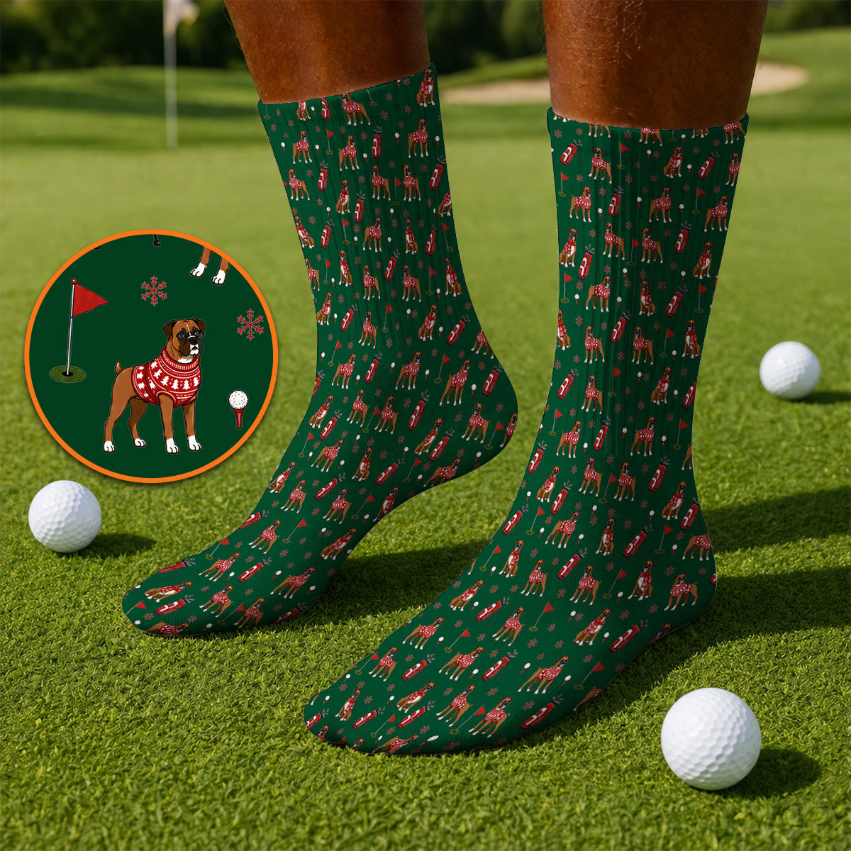 Boxer Christmas Golf Polos, Holiday Dog Pattern Golf Shirt, Festive Golf Gift for Golfers