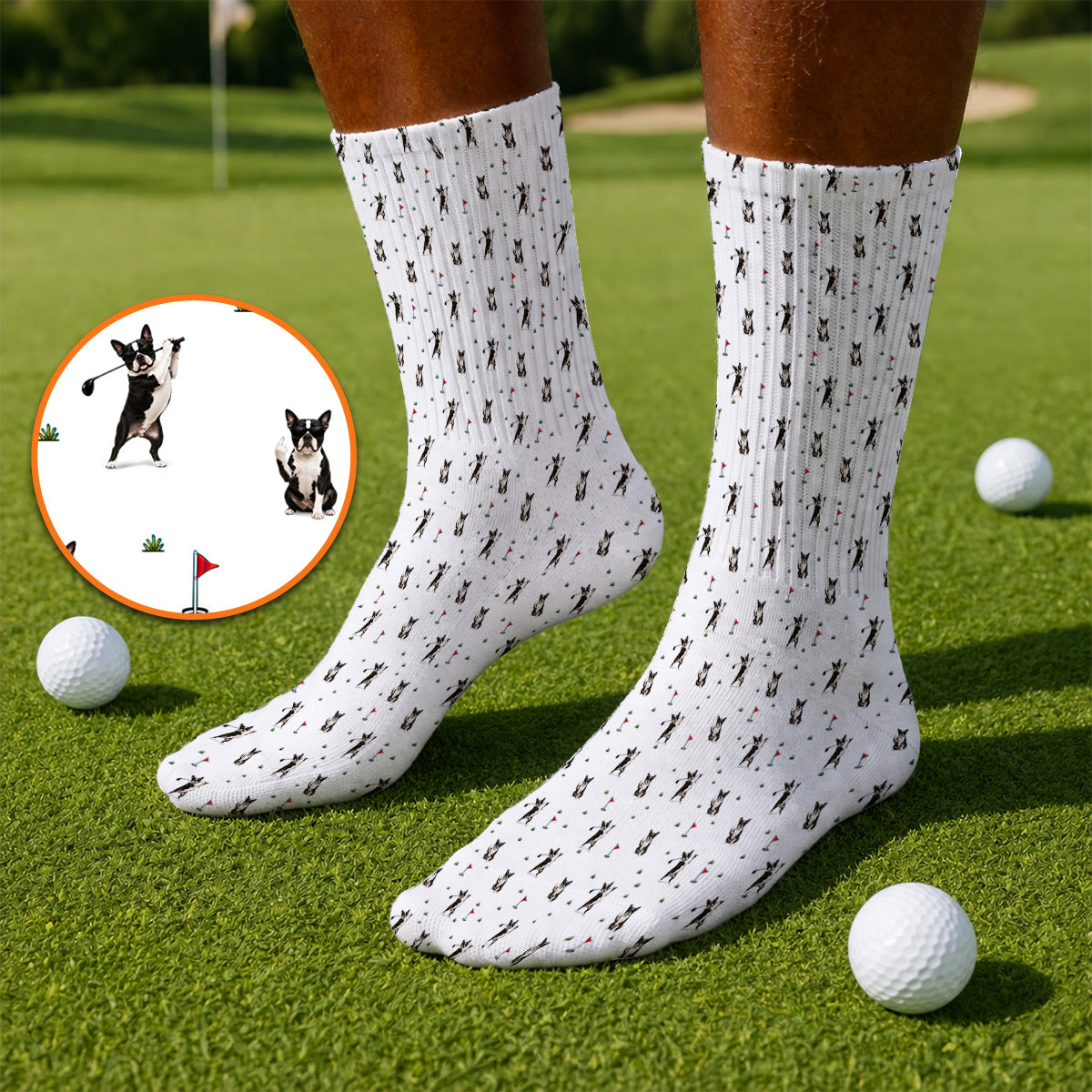 Boston Terrier Pattern Golf Socks, Crazy Boston Terrier Golf Sock, Golf Gift For Golfer