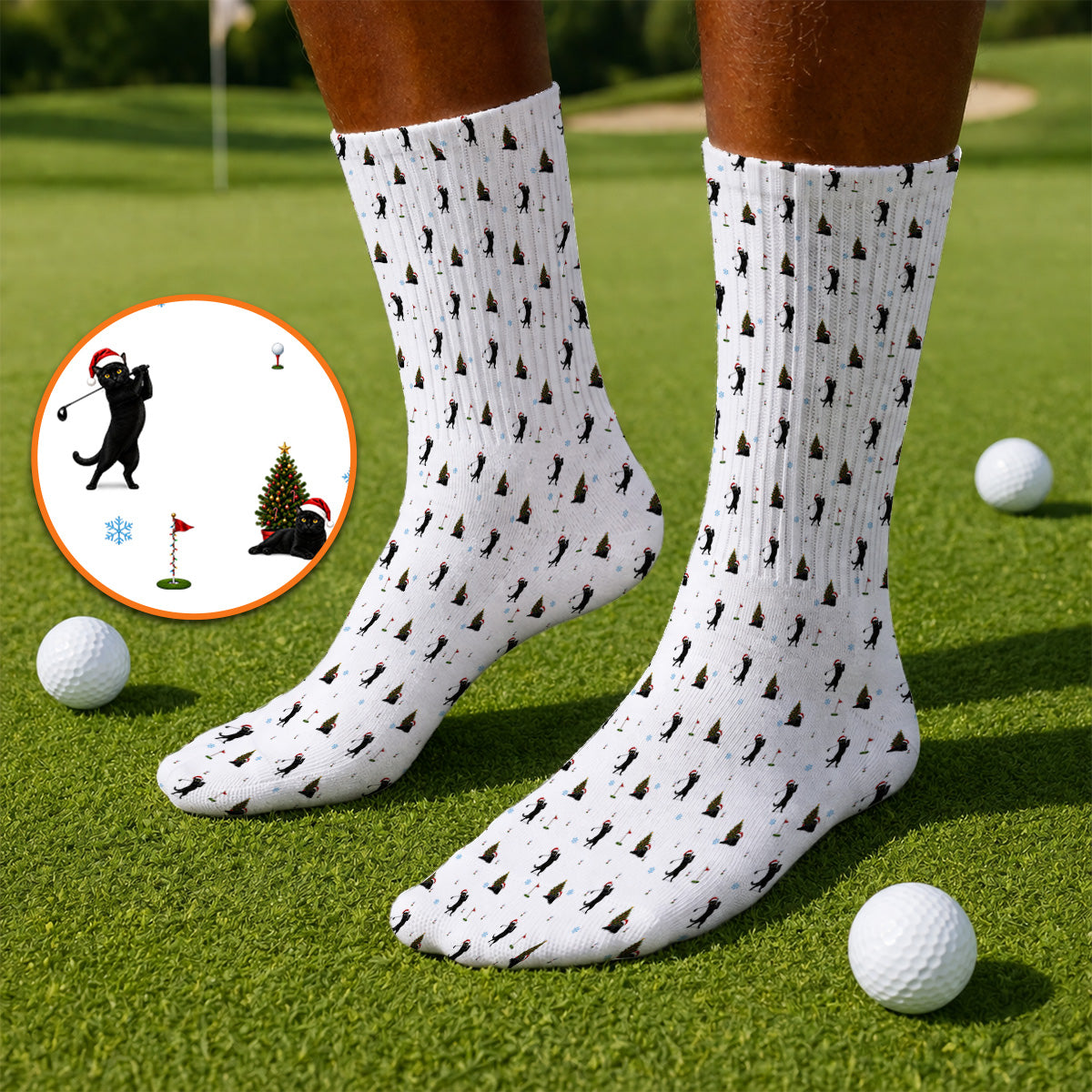 Black Cat Christmas Golf Socks, Funny Cat Pattern Golf Sock, Xmas Golf Gift for Golfers