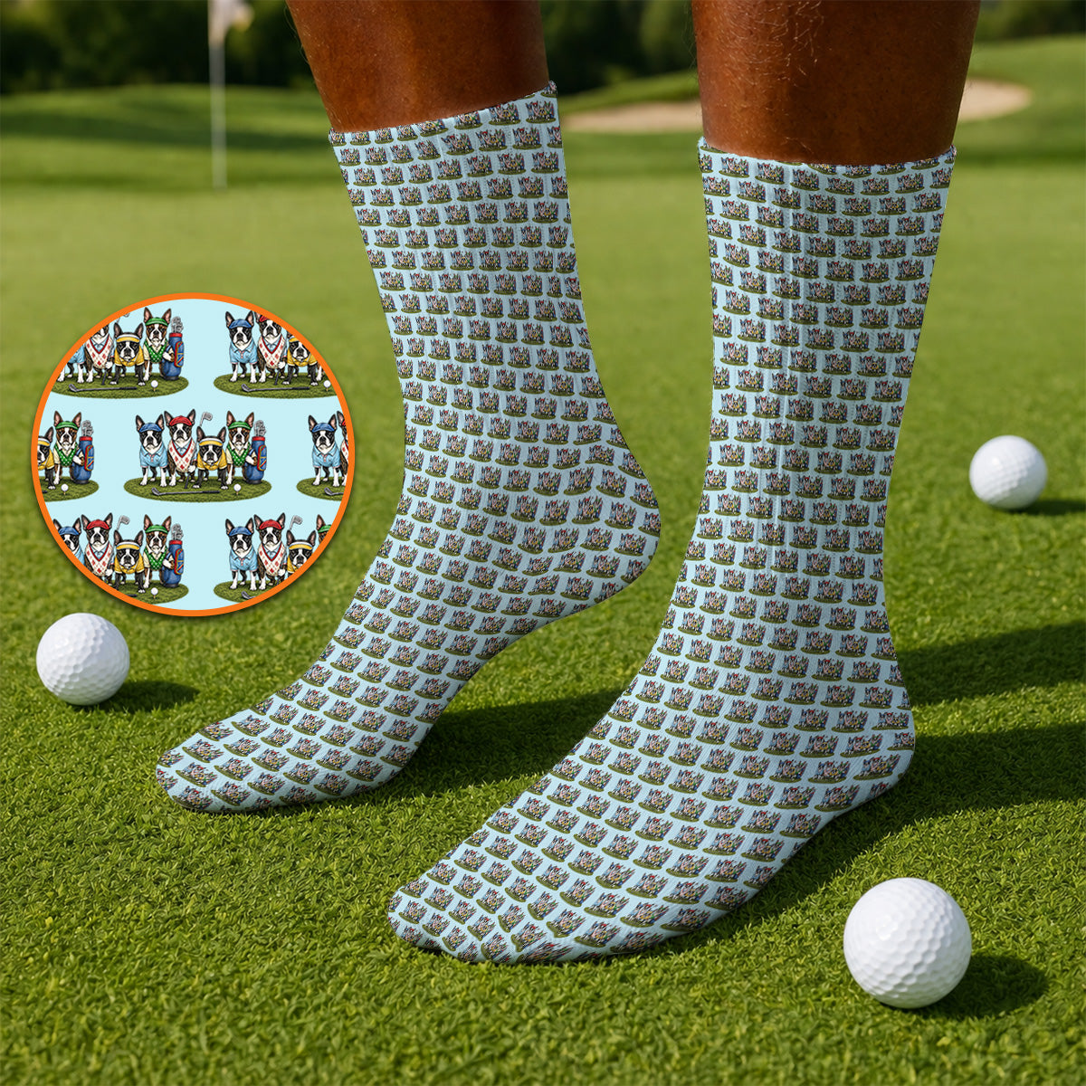 Boston Terrier Golf Pattern Socks, Funny Golfing Boston Terrier Sock, Dog Lover Golf Gift