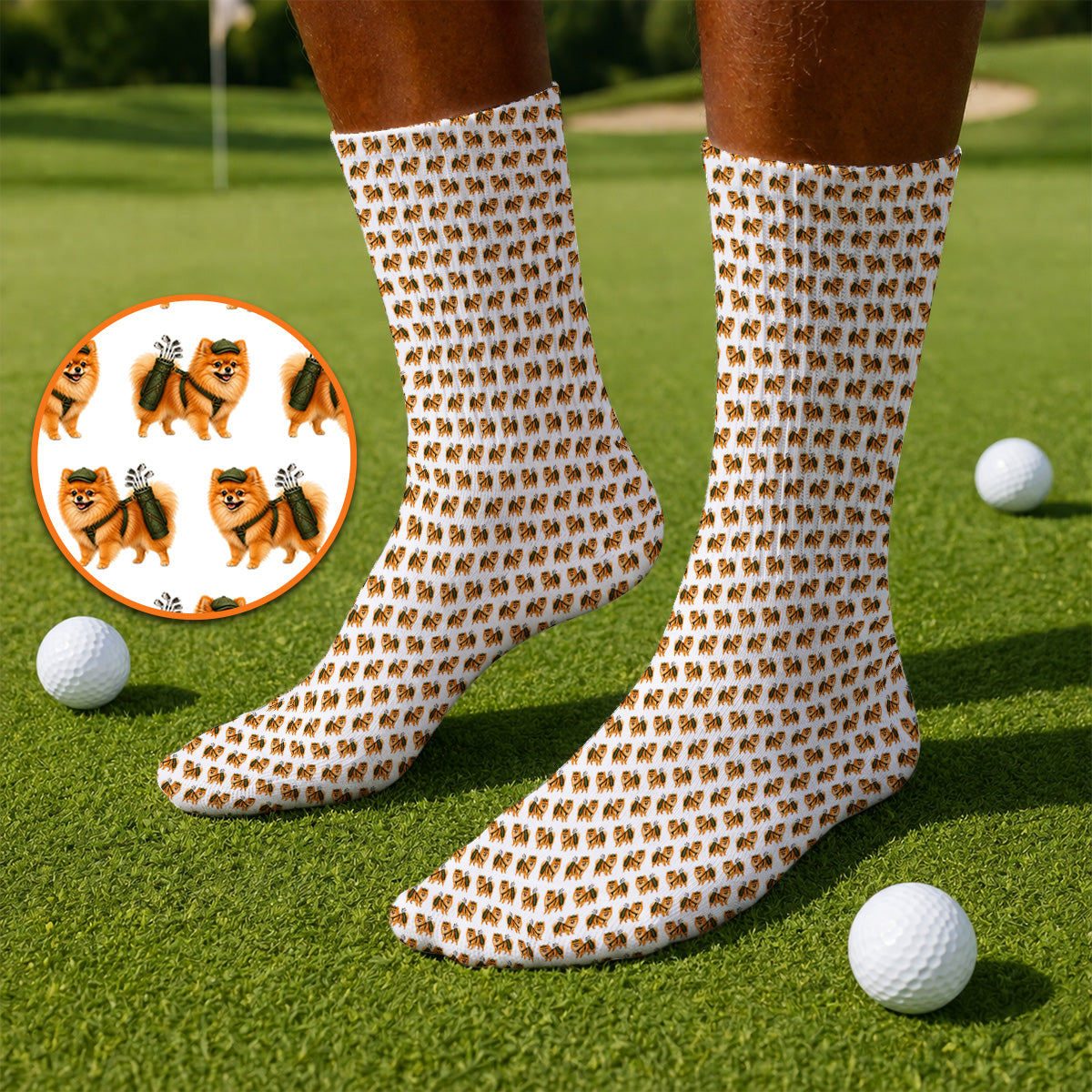 Golden Pomeranian Pattern Golf Socks, Cute Pomeranian Dog Golf Sock, Funny Golf Gift For Golfer
