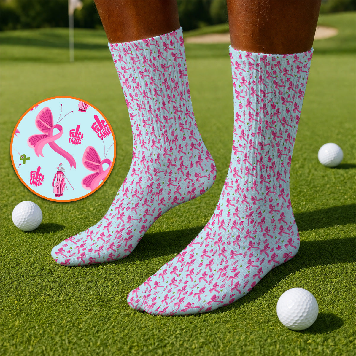 Fight With Every Swing Breast Cancer Awareness Golf Socks, Pink Ribbon & Golf Pattern Sock, Support Gift for Golfers
