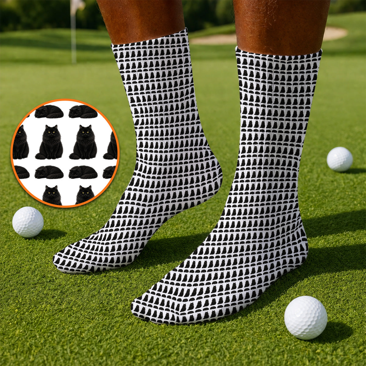 Black Persian Cat Golf Socks, Cute Black Persian Pattern Golf Sock, Golf Gift for Cat Lovers