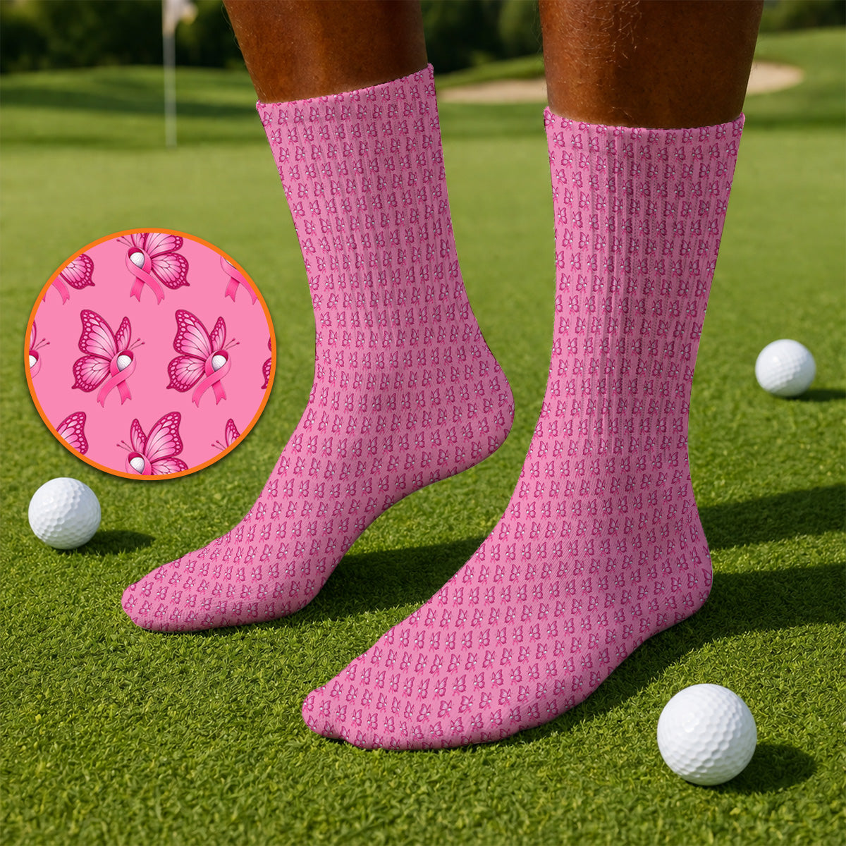 Breast Cancer Awareness Golf Socks, Pink Ribbon Butterfly Golf Sock for Golf Lovers, Support Cancer Awareness Golf Gift
