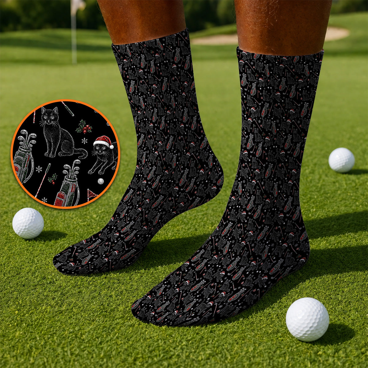 Funny Black Cat Christmas Golf Socks, Holiday Pattern Golf Sock, Xmas Golf Gift For Golfers