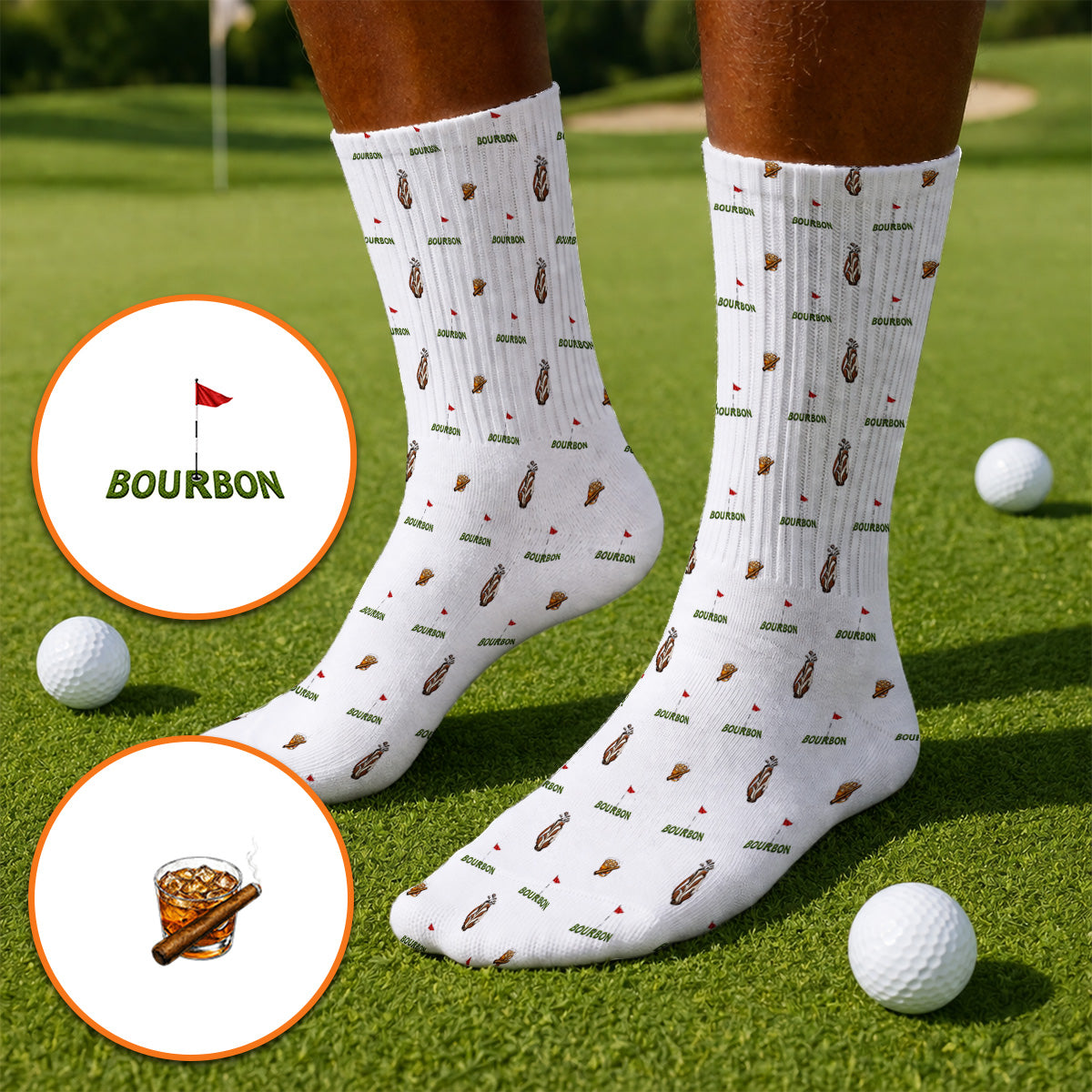 Bourbon & Cigar Golf Socks, Whiskey Golf Pattern Sock, Funny Bourbon Gift For Golfers