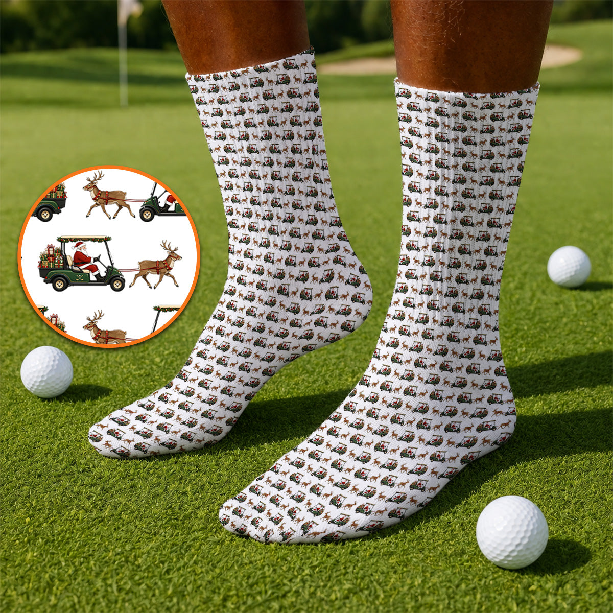Santa Reindeer Golf Cart Socks, Xmas Pattern Golf Sock, Crazy Christmas Golf Gift