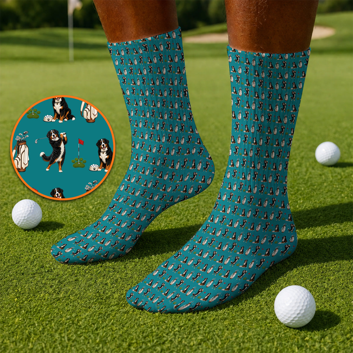 Bernese Mountain Dog Golf Pattern Socks, Bernese Golf Sock, Dog Lover Golf Gift
