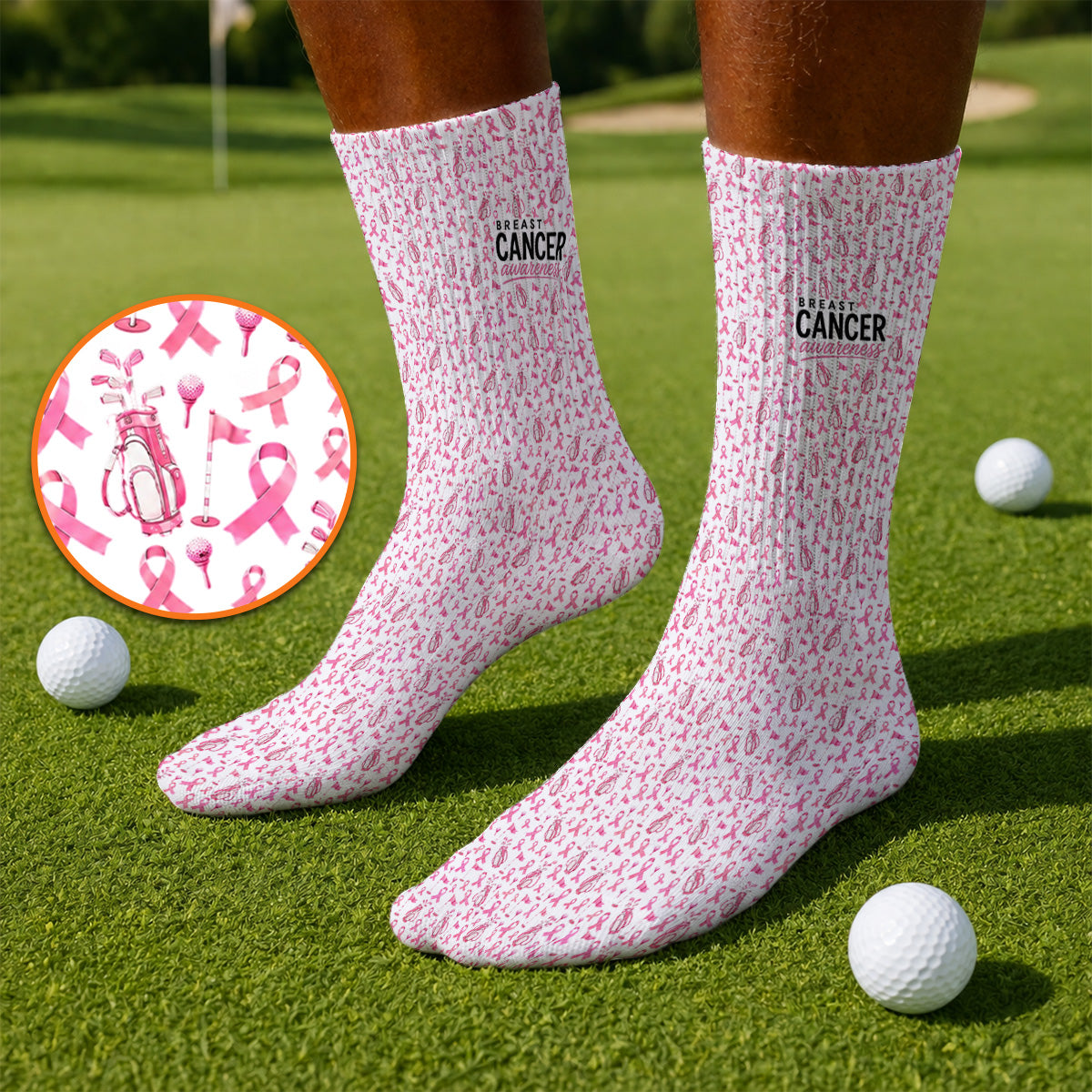 Breast Cancer Awareness Golf Socks, Pink Ribbon Golf Bag Pattern Sock, October Golf Gift for Golfer