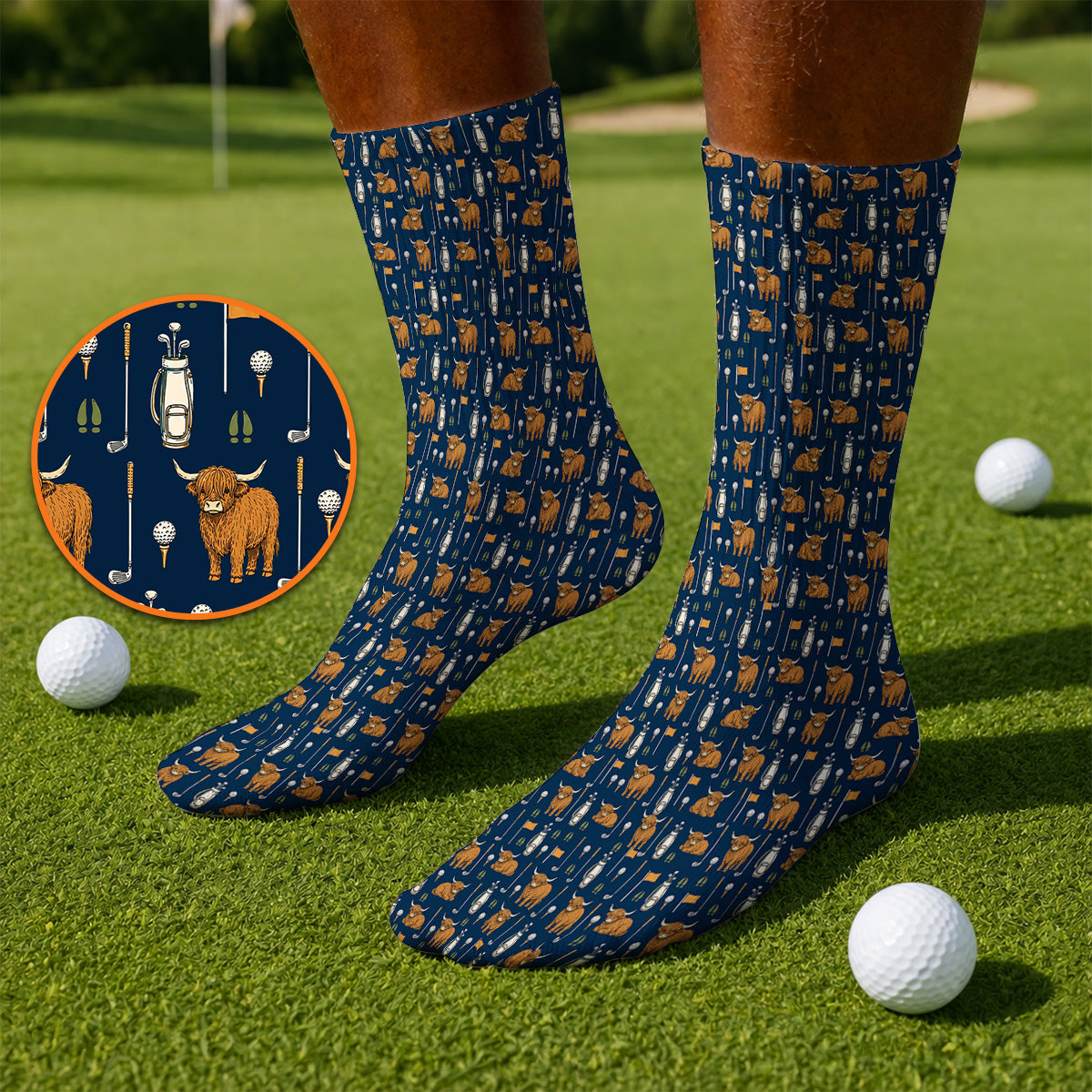 Highland Cow Fairway Socks, Highland Cow Golf Pattern Sock, Golf Gift For Golfer