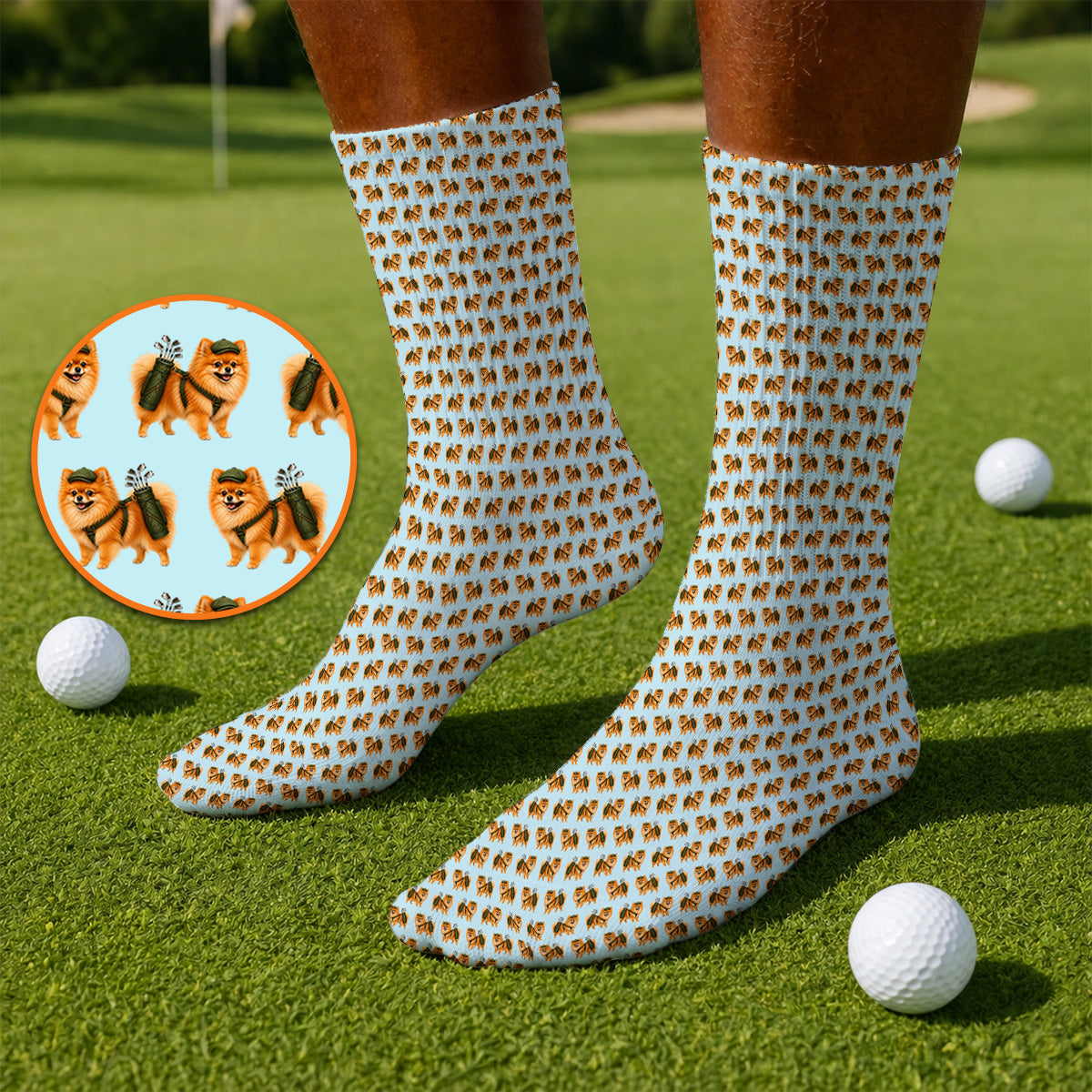 Golden Pomeranian Pattern Golf Socks, Cute Pomeranian Dog Golf Sock, Funny Golf Gift For Golfer