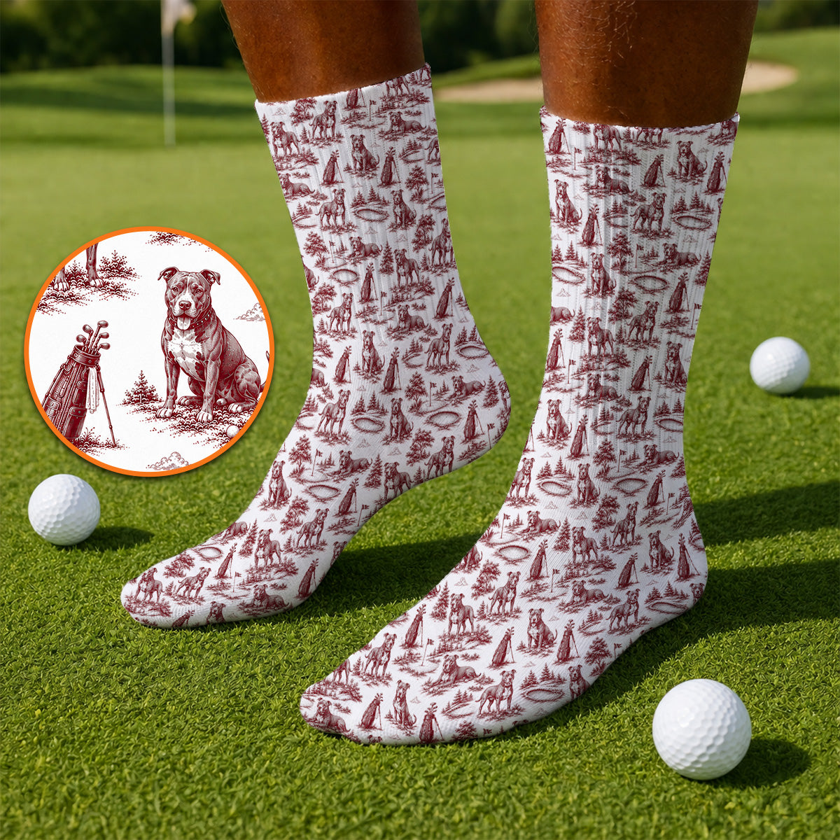 Crazy Pit Bull Golf Socks For Golfer, Toile de Jouy Pit Bull Pattern Golf Sock, Dog Lover Golf Gift