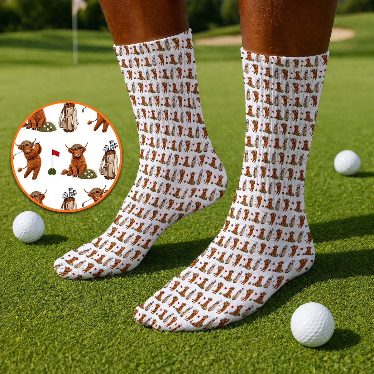 Funny Highland Cow Golf Sock, Highland Cow Pattern Golf Socks, Golf Gift For Golfer