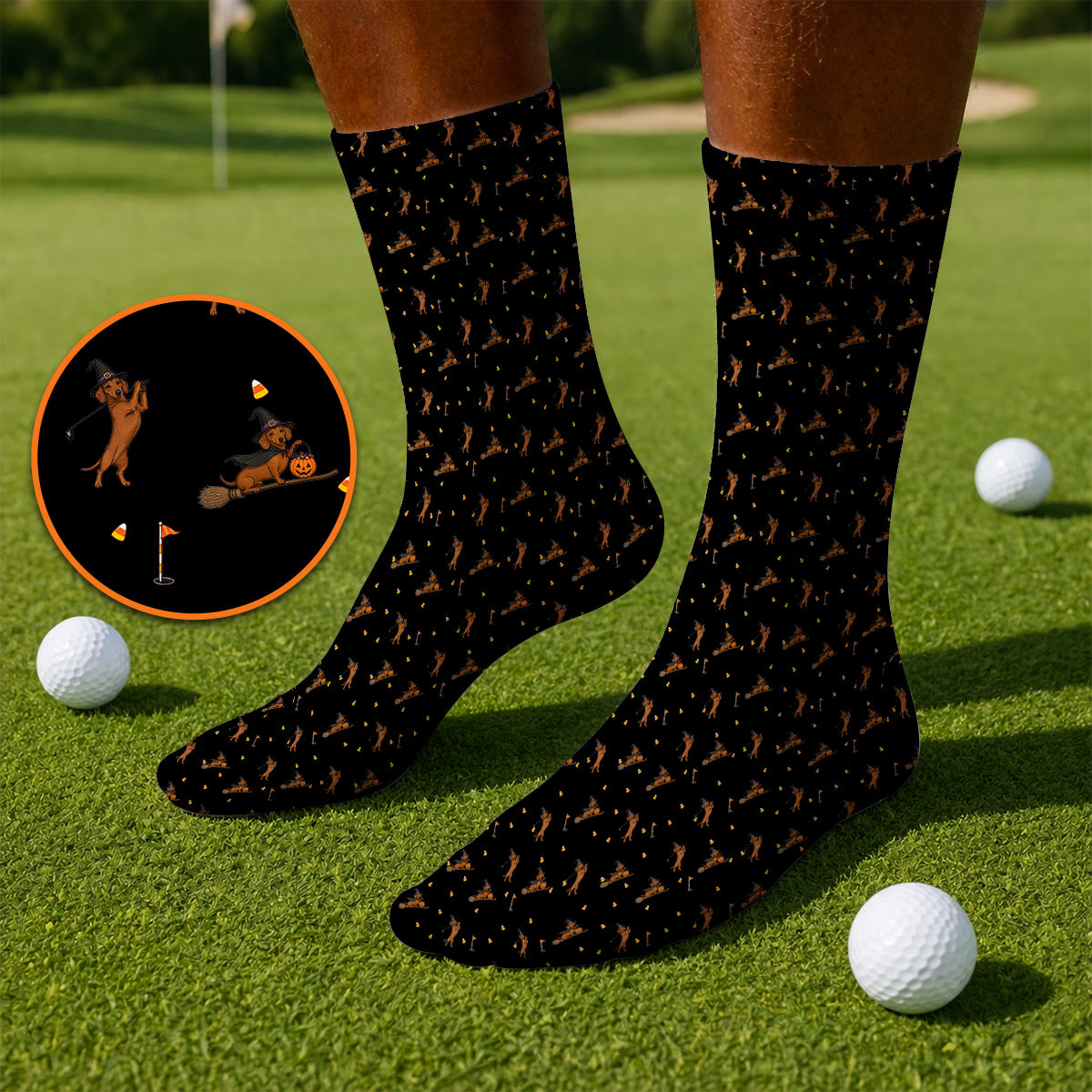 Funny Witch Dachshund Golf Sock, Halloween Wiener Dog Pattern Golf Socks, Golf Gift for Golfer