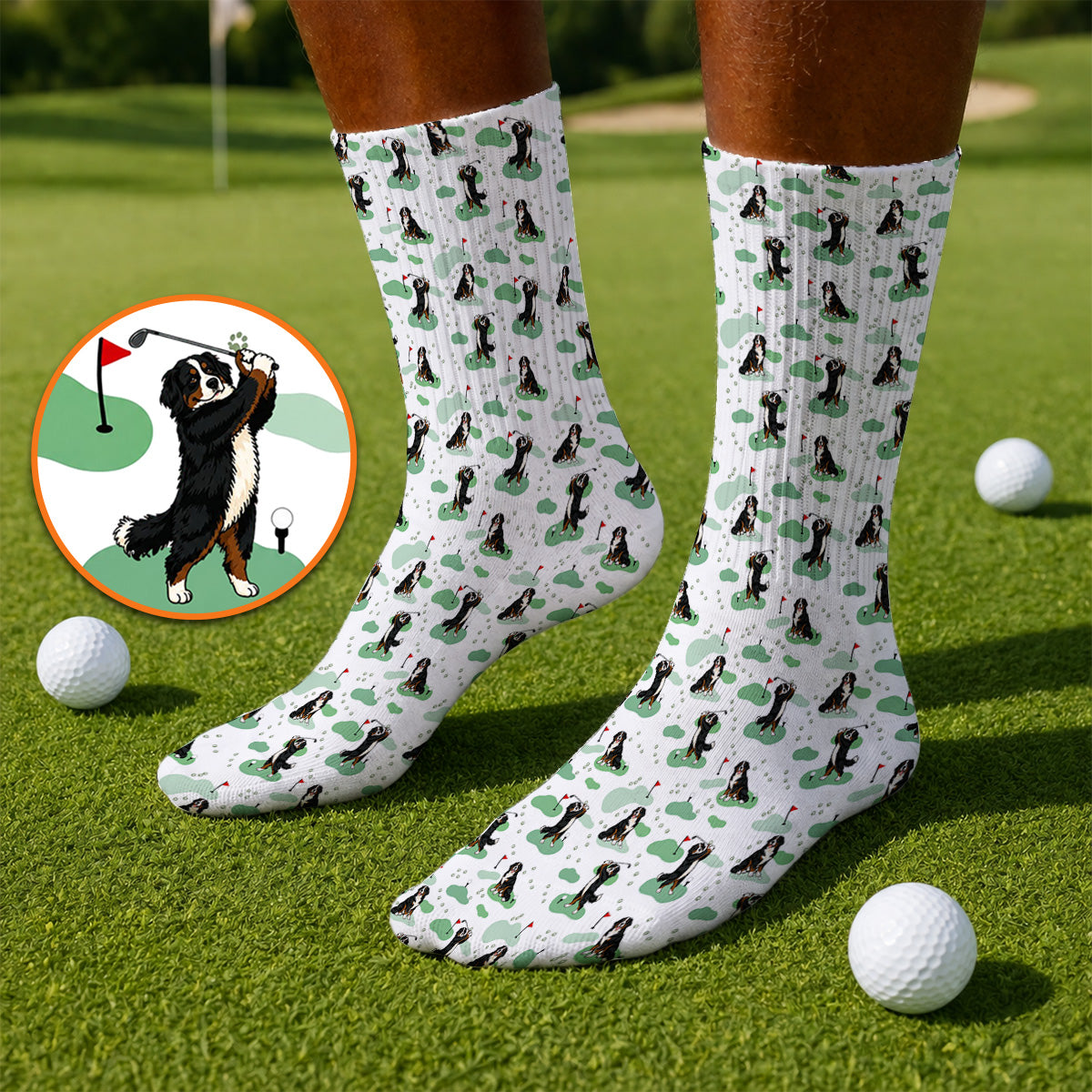 Bernese Mountain Pattern Golf Socks, Bernese Mountain Golf Sock Fot Golfer, Funny Dog Golf Gift