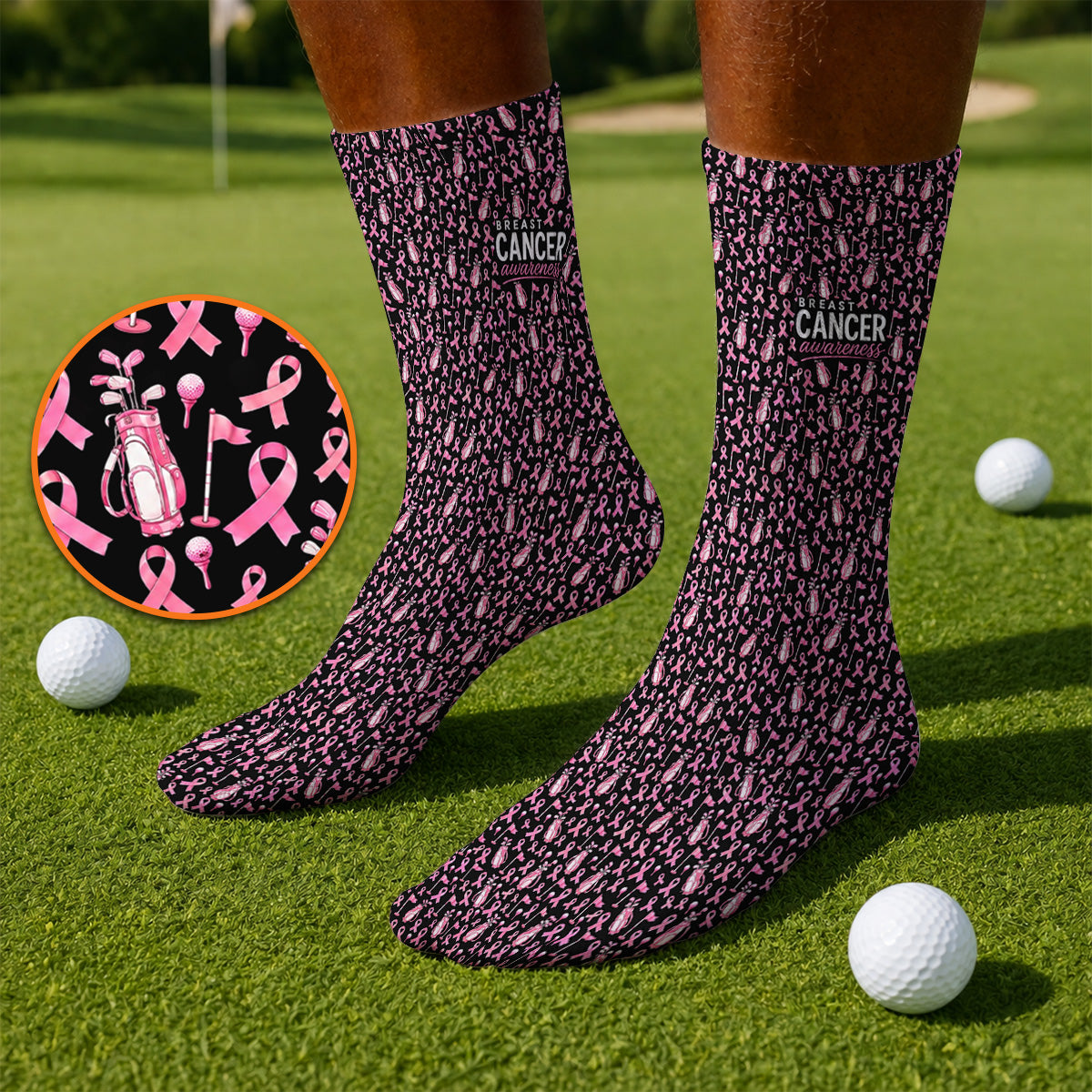 Breast Cancer Awareness Golf Socks, Pink Ribbon Golf Bag Pattern Sock, October Golf Gift for Golfer
