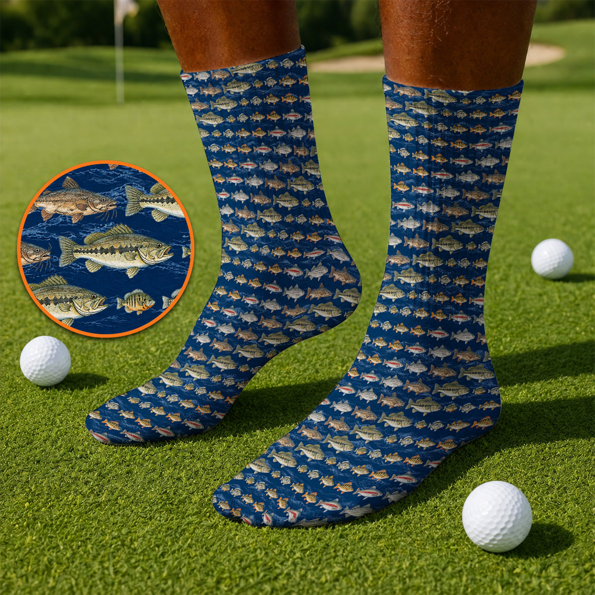 Freshwater Fishing Pattern Golf Socks, Bass Trout Catfish & Perch Golf Sock, Fishing Gift For Golfer