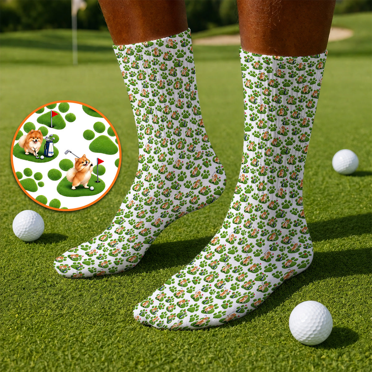 Pomeranian Paw Pattern Golf Socks, Cute Fluffy Pom Dog Pattern Golf Sock, Crazy Golf Gift For Golfers
