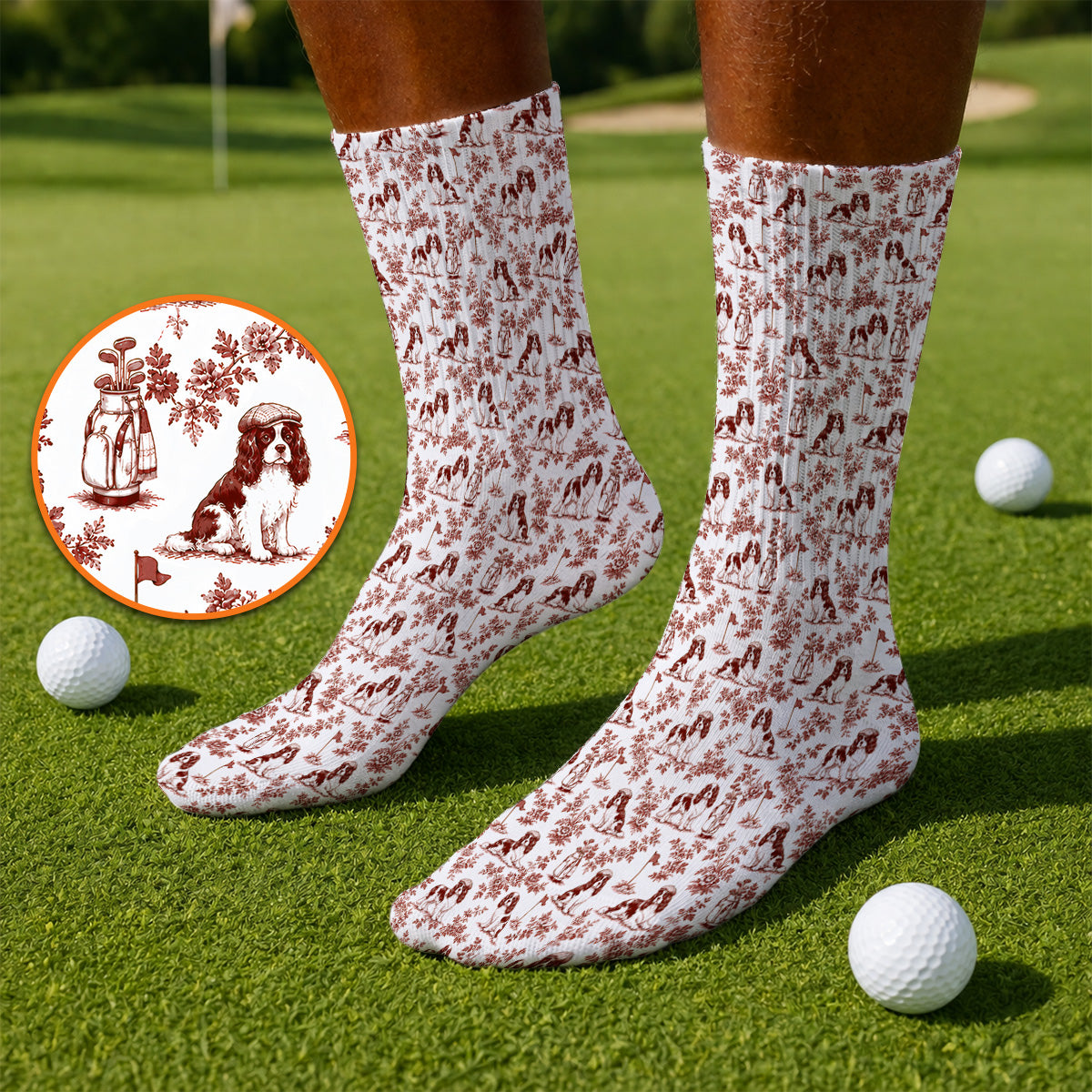 Funny Cavalier King Charles Spaniel Golf Sock, Toile de Jouy Cavalier Pattern Golf Socks, Golf Gift For Golfer