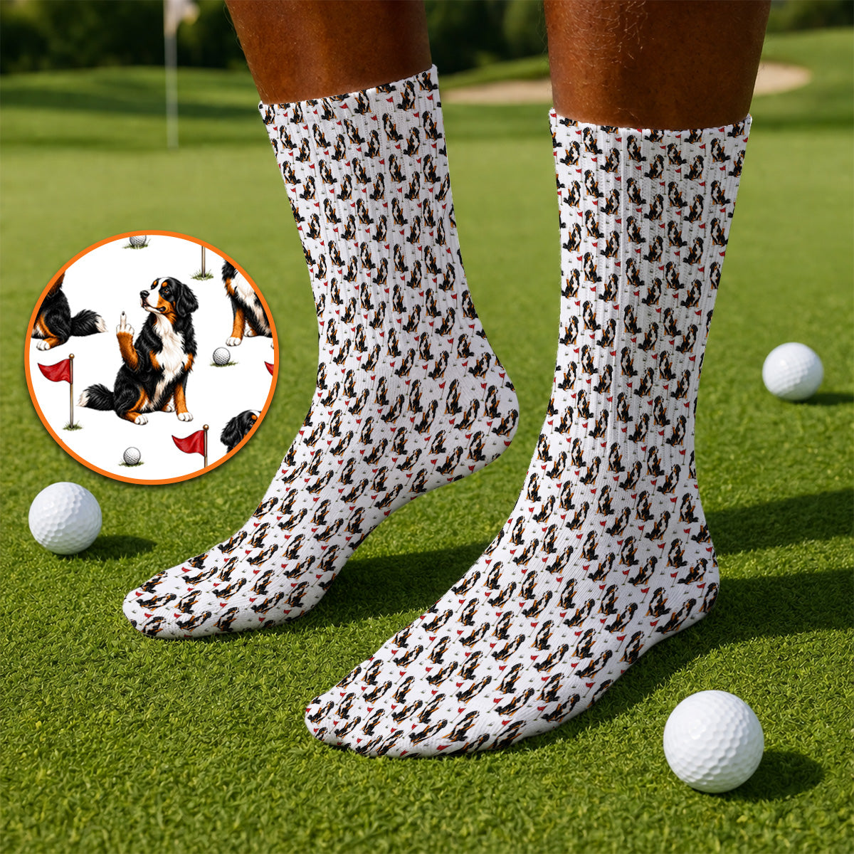 Bernese Mountain Dog Golf Pattern Socks, Bernese Golf Sock, Funny Dog Lover Golf Gift